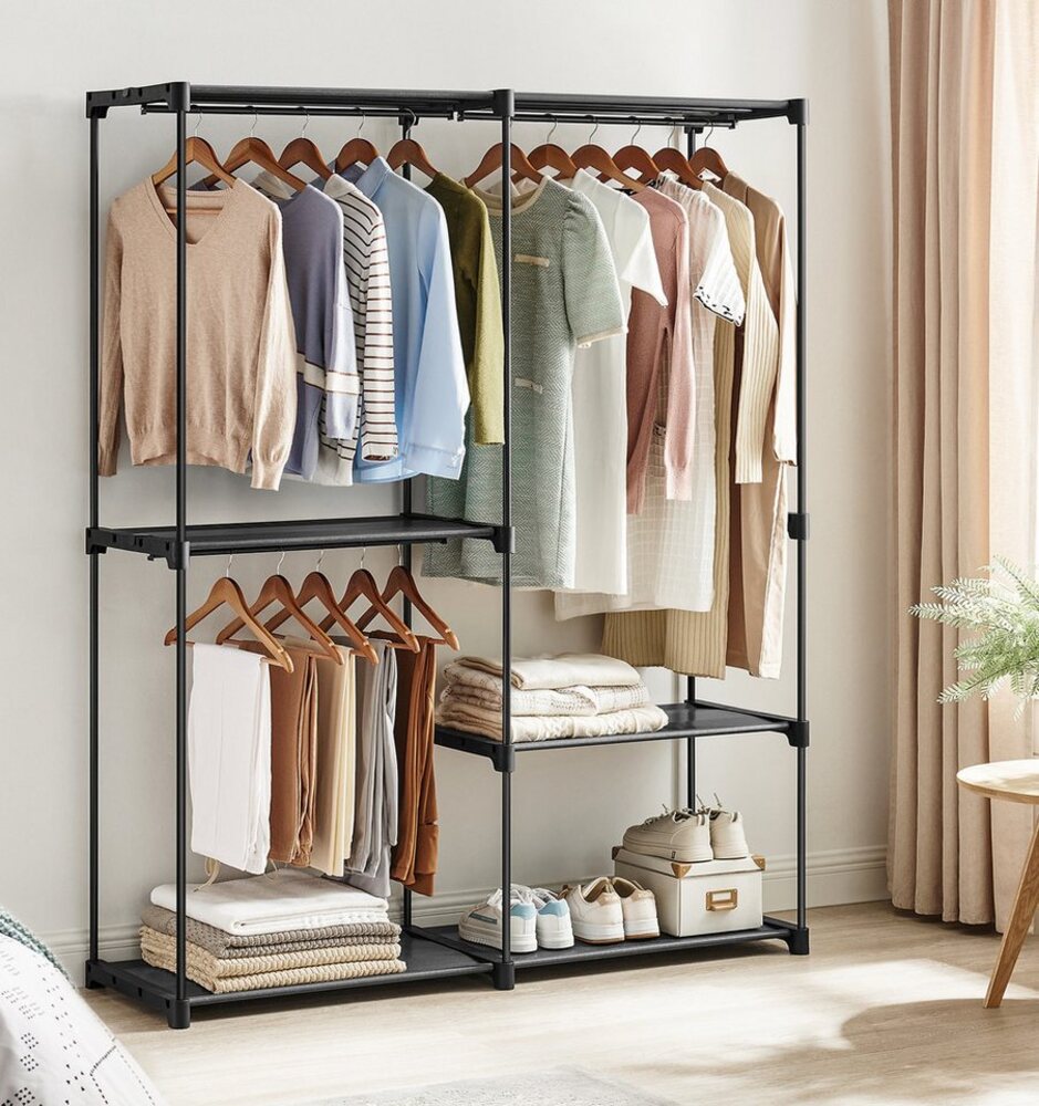 SONGMICS Kleiderschrank offen, freistehende Garderobe, Standregal, Kleiderständer mit Kleiderstangen, Garderobenständer, Ankleidezimmer, Schlafzimmer, 43 x 124 x 182 cm, schwarz RYGDE026B02 Bild 1