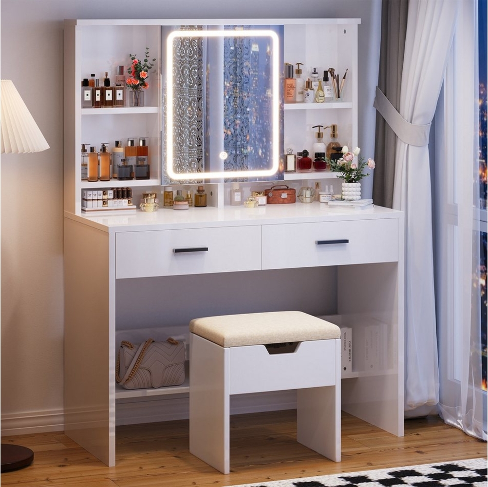 HOMALL Schminktisch Schminktisch mit Spiegel und LED 2 Schubladen und 6 Ablagefächer (Dreifarbiges Einbau-Lichtband mit Unterbau-Tretplatte Kostengünstige Wahl) Bild 1