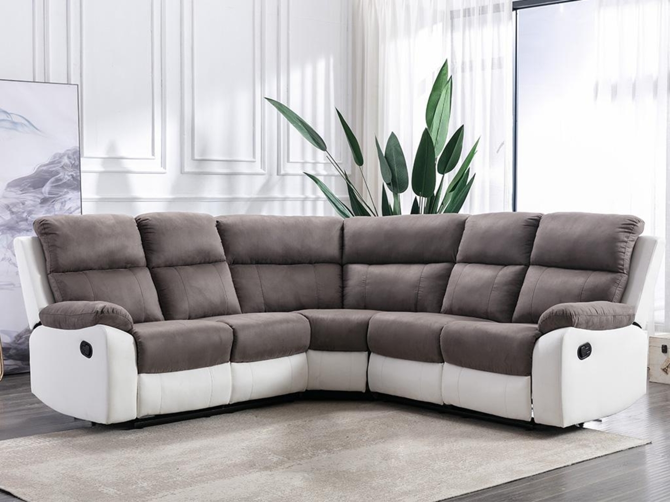 Vente-unique - Relaxsofa Ecksofa - Microfaser & Kunstleder - Grau & Weiß - TOLZANO Bild 1