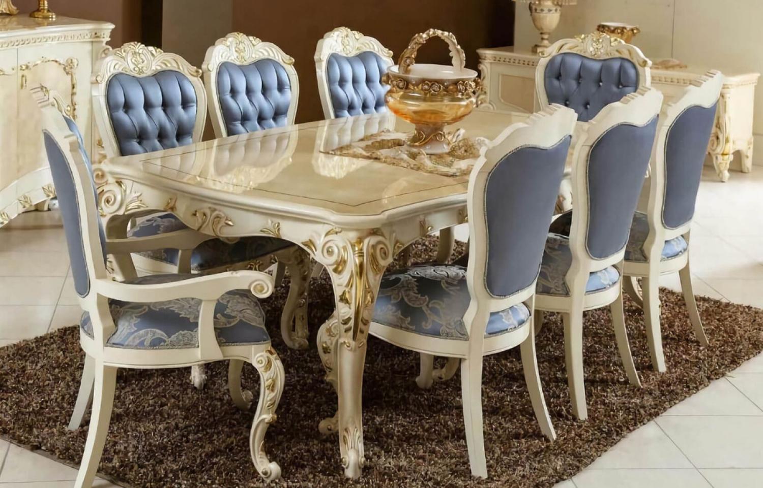 Casa Padrino Luxus Barock Esszimmer Set Blau / Weiß / Gold - 1 Barock Esstisch & 6 Barock Esszimmerstühle - Barock Esszimmer Möbel - Luxus Möbel im Barockstil - Edel & Prunkvoll Bild 1