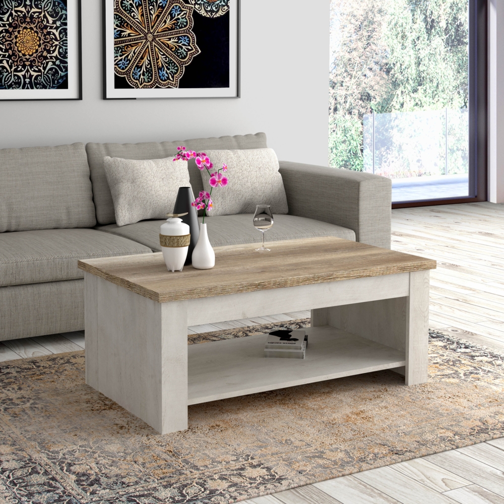 Forte Couchtisch, Holzwerkstoff Pinie Weiß Dekor, mit hochklappbarer Tischplatte und Ablagefläche, 110x65 cm Bild 1