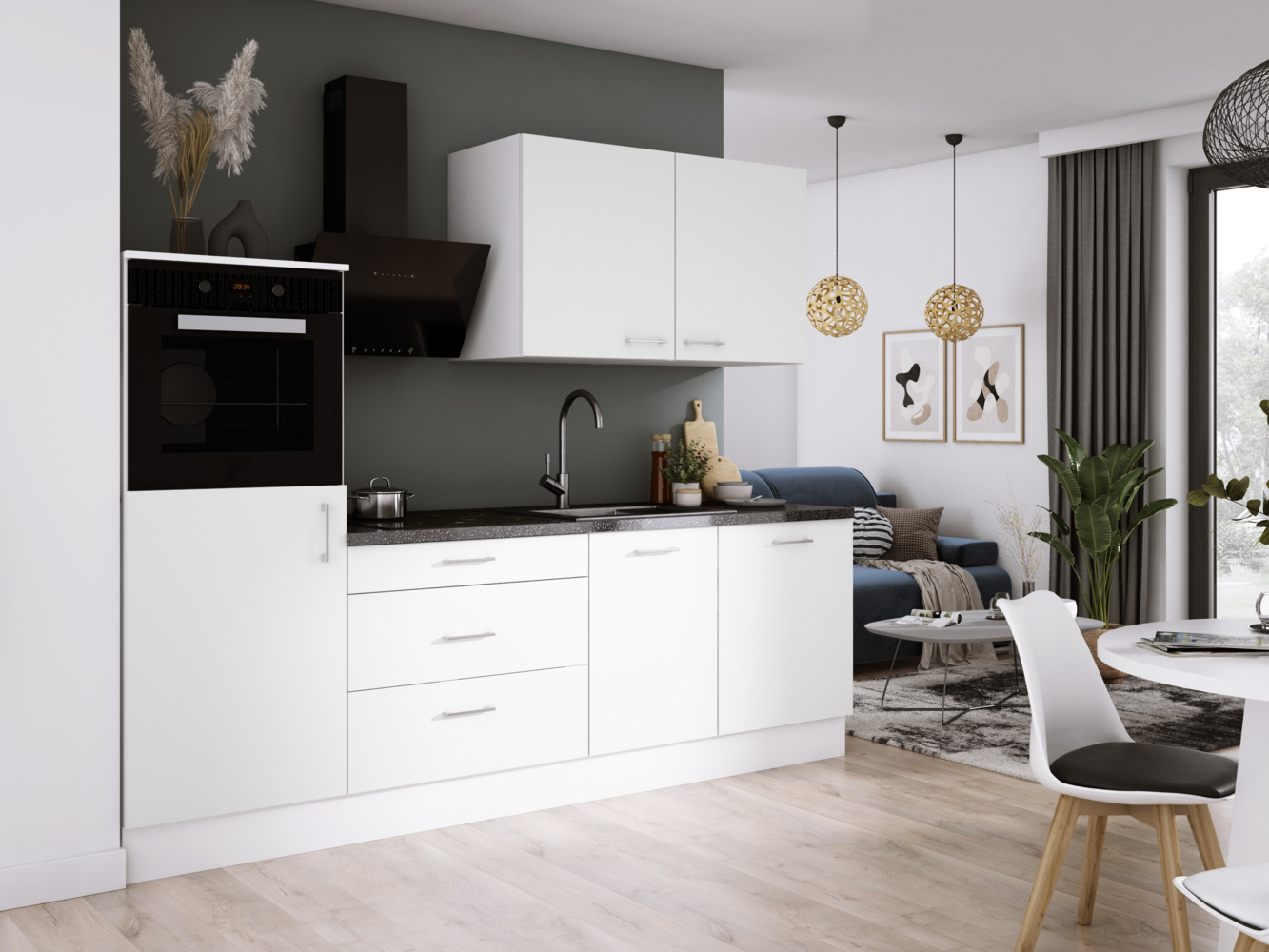 Komfort Küche 250x170 cm – mit Schränken & Geräteplatz Weiß, Matt Bild 1