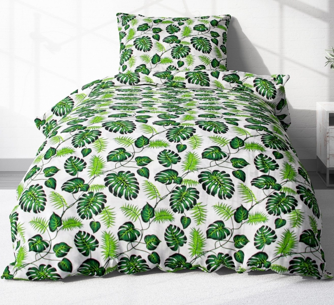 Heubergshop Bettwäsche, Seersucker, 2 teilig, 135x200cm + 80x80cm Tropischen Blätter Grün Weiß 100% Baumwolle (31/1) Bild 1