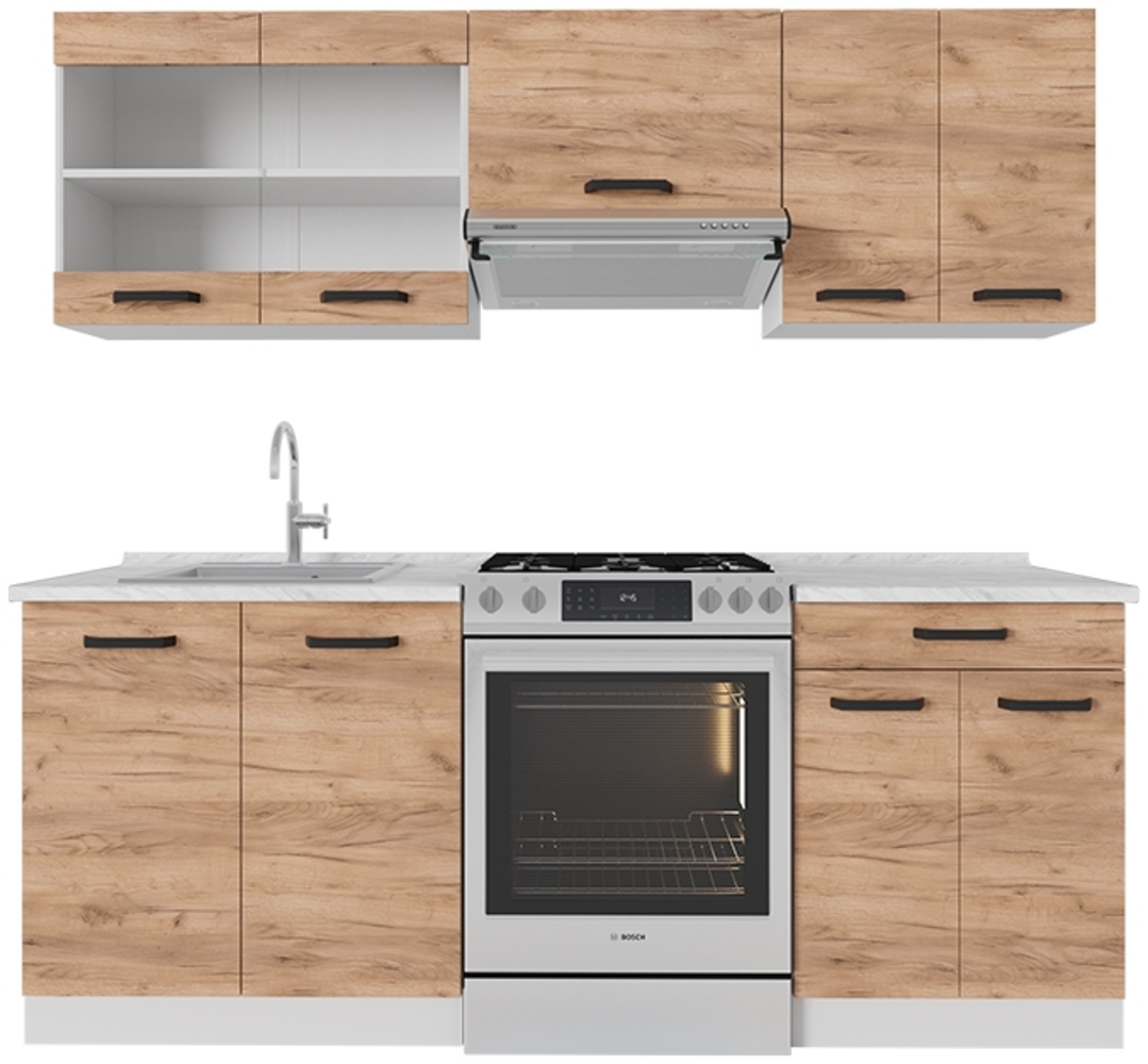 Küchenzeile R-Line Goldkraft Eiche/Weiß 200 cm AP Marmor Vicco Bild 1