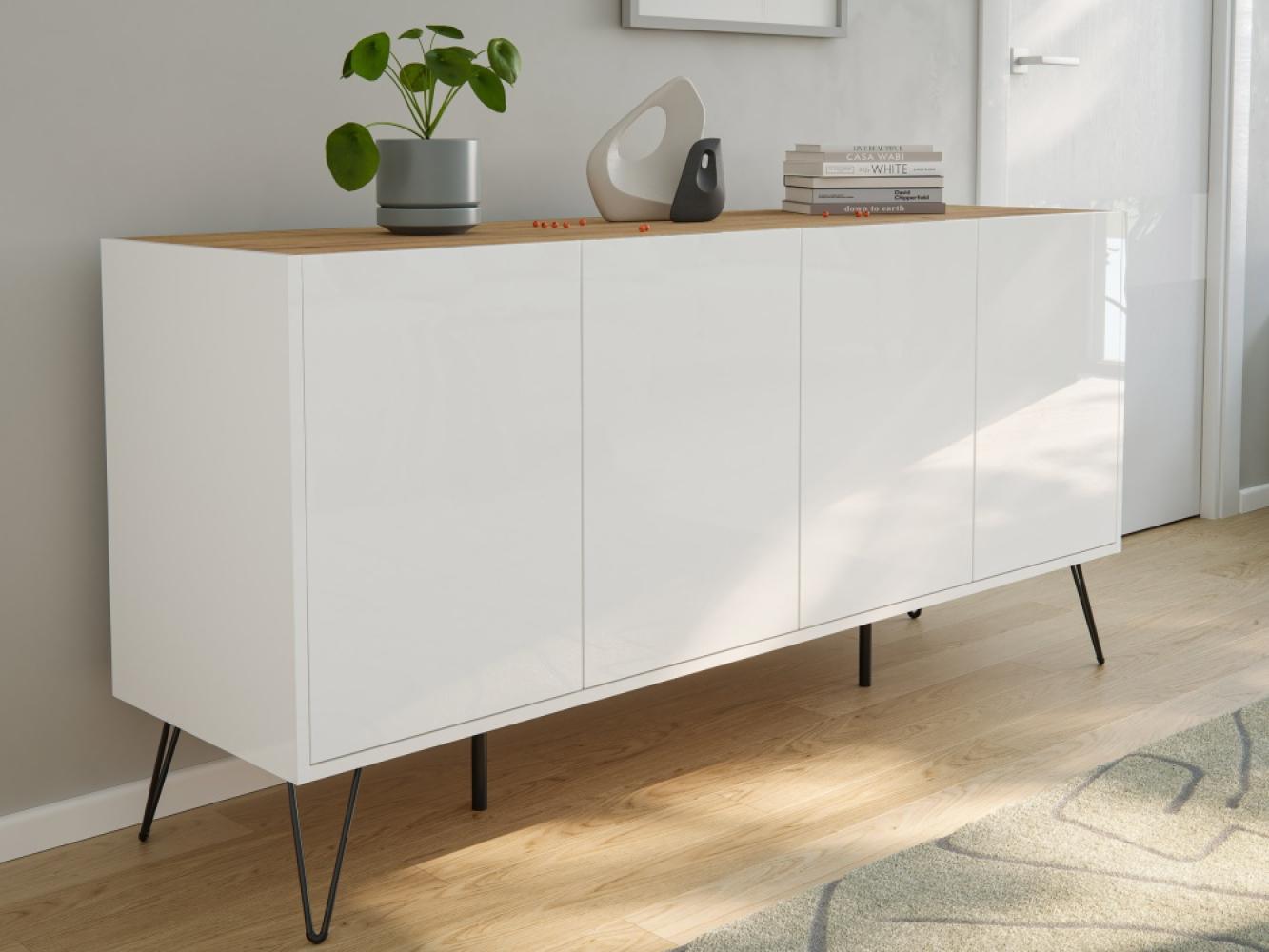 Raumwunder XL Sideboard Kommode Maxim 155cm stehend 4 Türen Weiß/Eiche Top : Weiss hochglanz / Oak Gold Bild 1