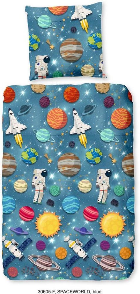 good morning Kinderbettwäsche Spaceworld Blues, Biber, Flanell, 2 teilig, Biber, 135x200, Warm, Weich, Wendeoptik, Reißverschluss, Junge Weltall Bild 1