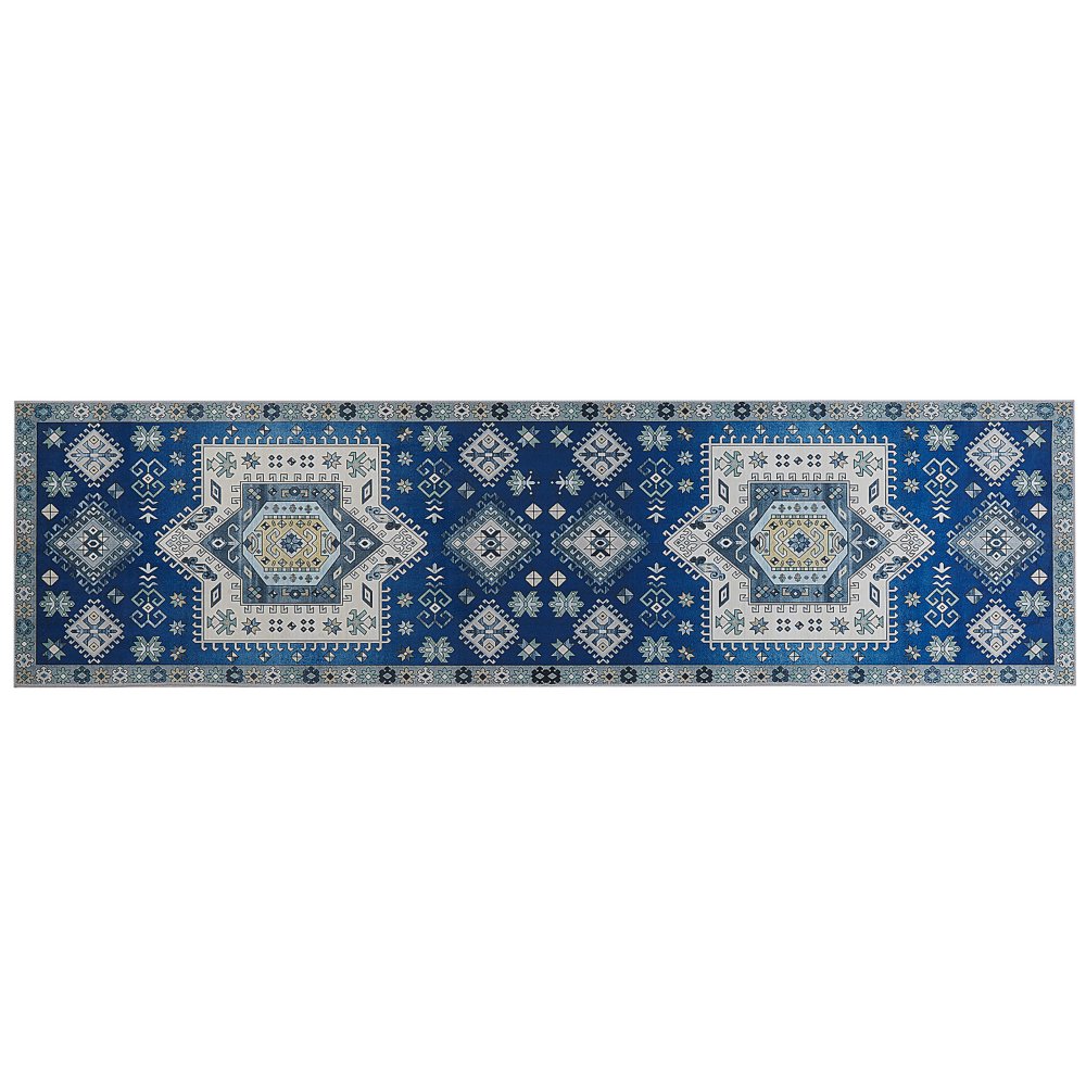 Teppich blau beige orientalisches Muster 80 x 300 cm Kurzflor PARVAKADLI Bild 1