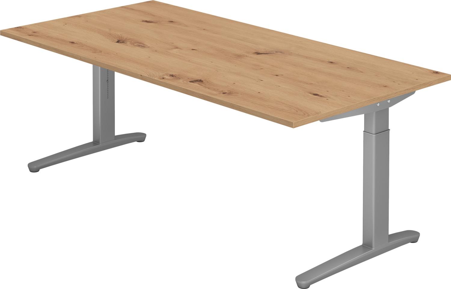 bümö® Design Schreibtisch XB-Serie höhenverstellbar, Tischplatte 200 x 100 cm in Asteiche, Gestell in silber Bild 1