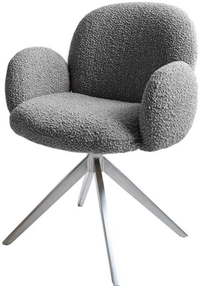 Drehstuhl Nube-Flex mit Armlehnen Bouclé Silbergrau Kreuzgestell breit Edelstahl 360° drehbar Taschenfederkern Bild 1