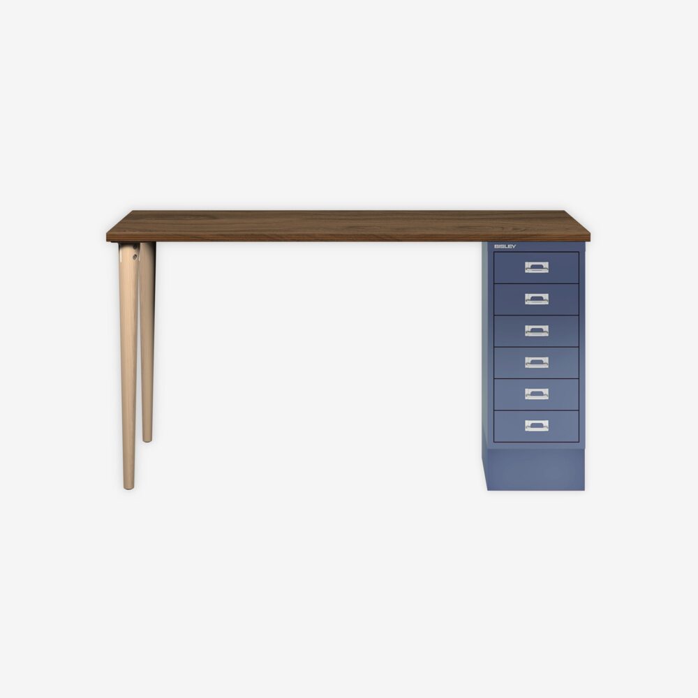 MultiDesk, 2 Eichenfüße, 1 MultiDrawer mit 6 Schüben, Dekor Nussbaum, Farbe Blau, Maße: H 740 x B 1400 x T 600 mm Bild 1