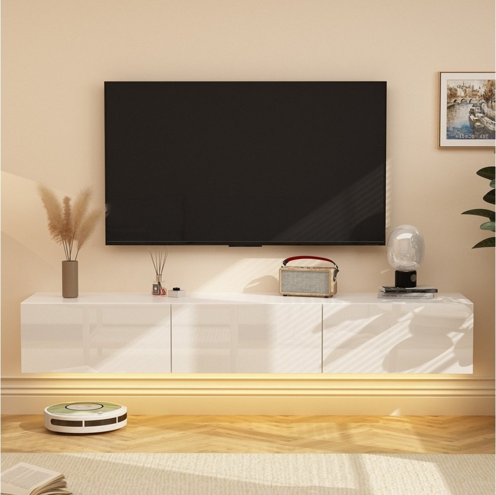 FUFU&GAGA TV-Schrank Lowboard mit Beleuchtung und 3 Schubladen weiß 160 x 35 x 25 cm Bild 1