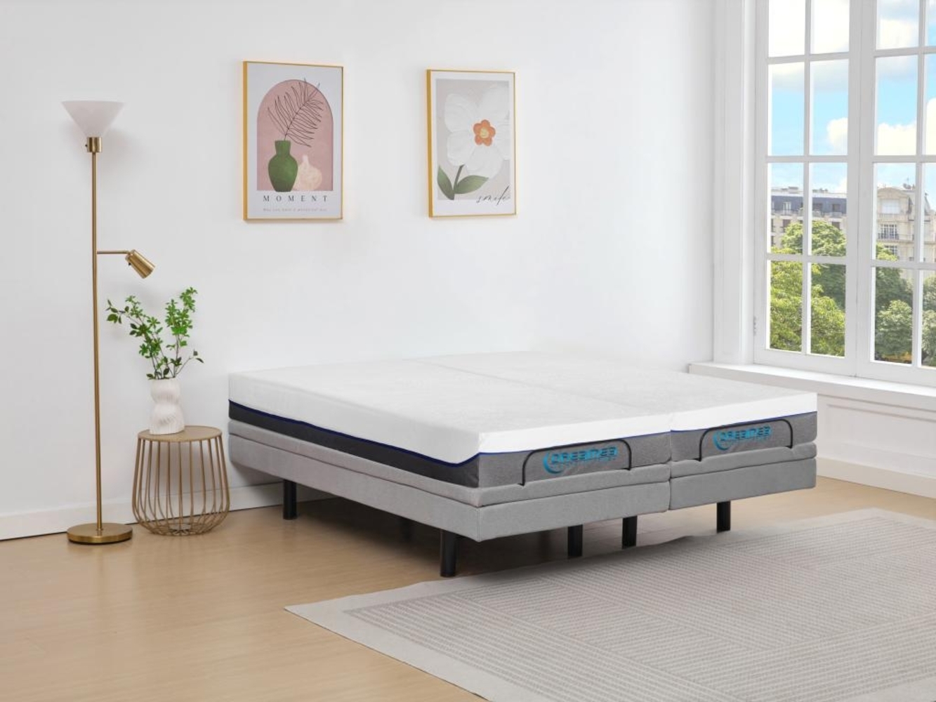 Dekoratives Bett mit elektrischer Relaxfunktion + Memory-Schaum-Matratze - 2 x 90 x 200 cm - Stoff - Grau - MENASINA von DREAMEA Bild 1