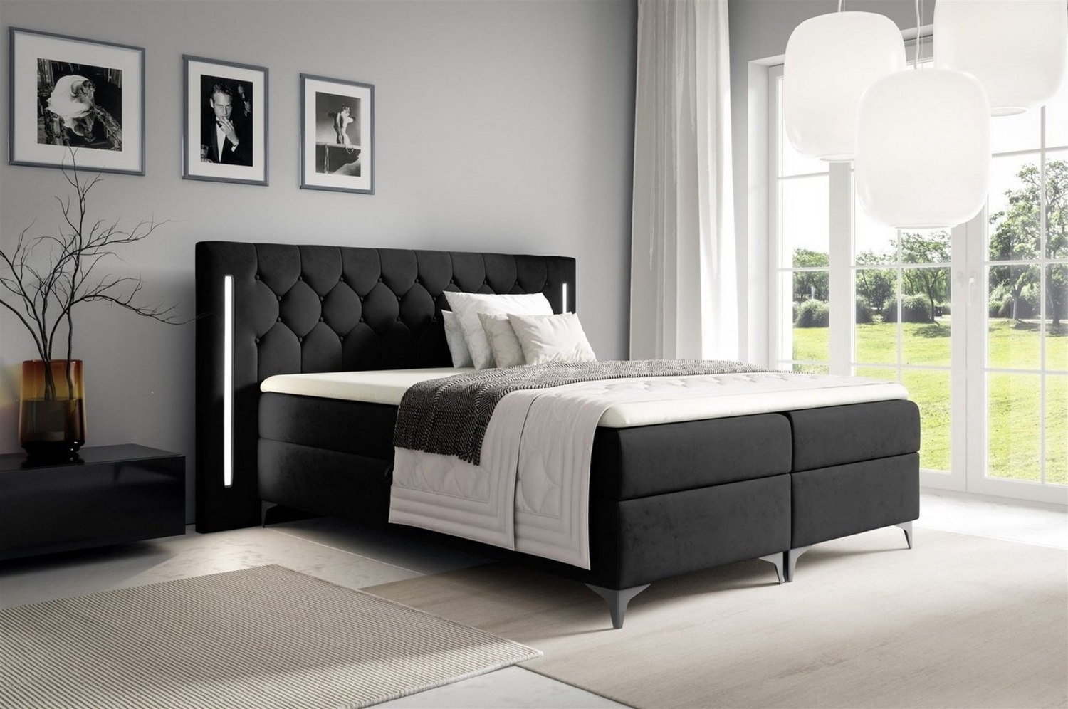 Boxspringbett Schlafzimmerbett ELODIE 180x220cm Schwarz inkl. Ambiente-LED Bild 1