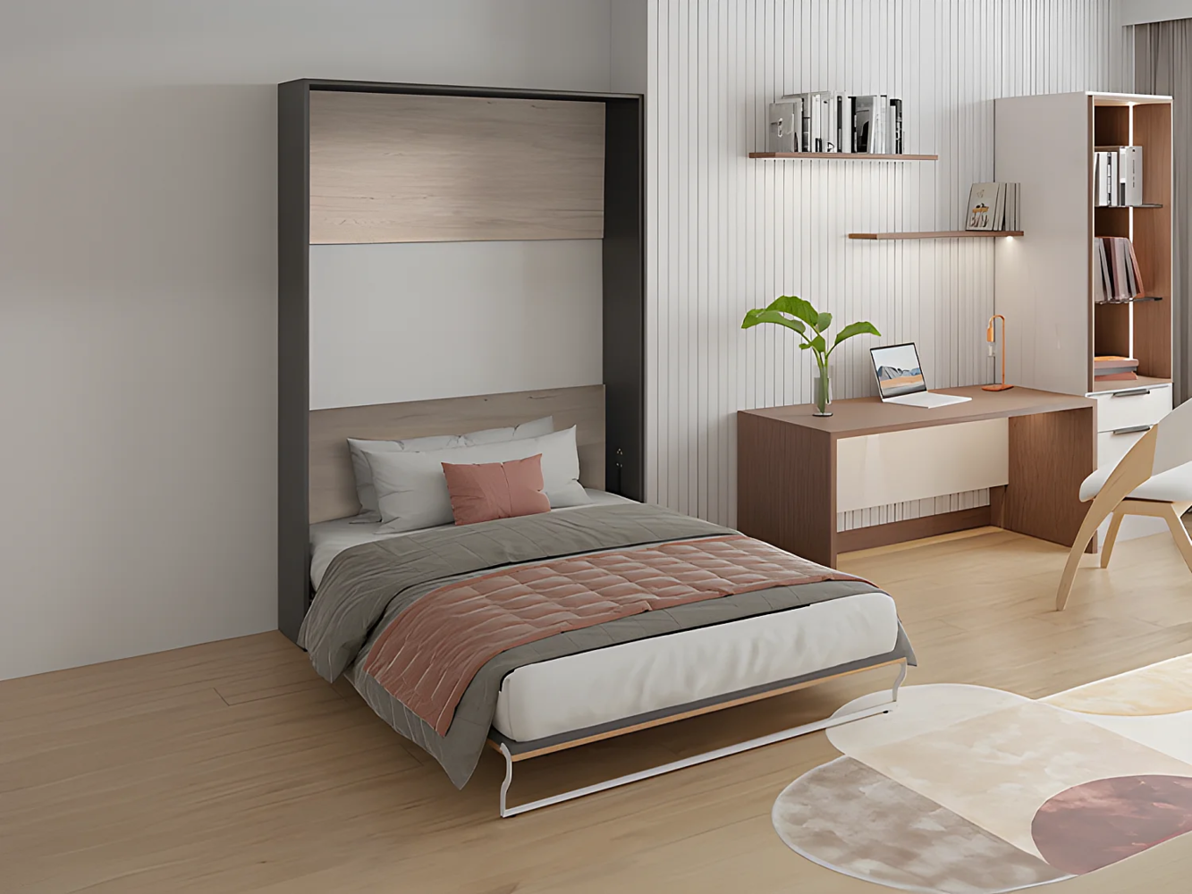 Vente-unique - Schrankbett + Matratze - 140 x 200 cm - Manuelle vertikale Öffnung - Holzfarben & Anthrazit - MALINA II Bild 1