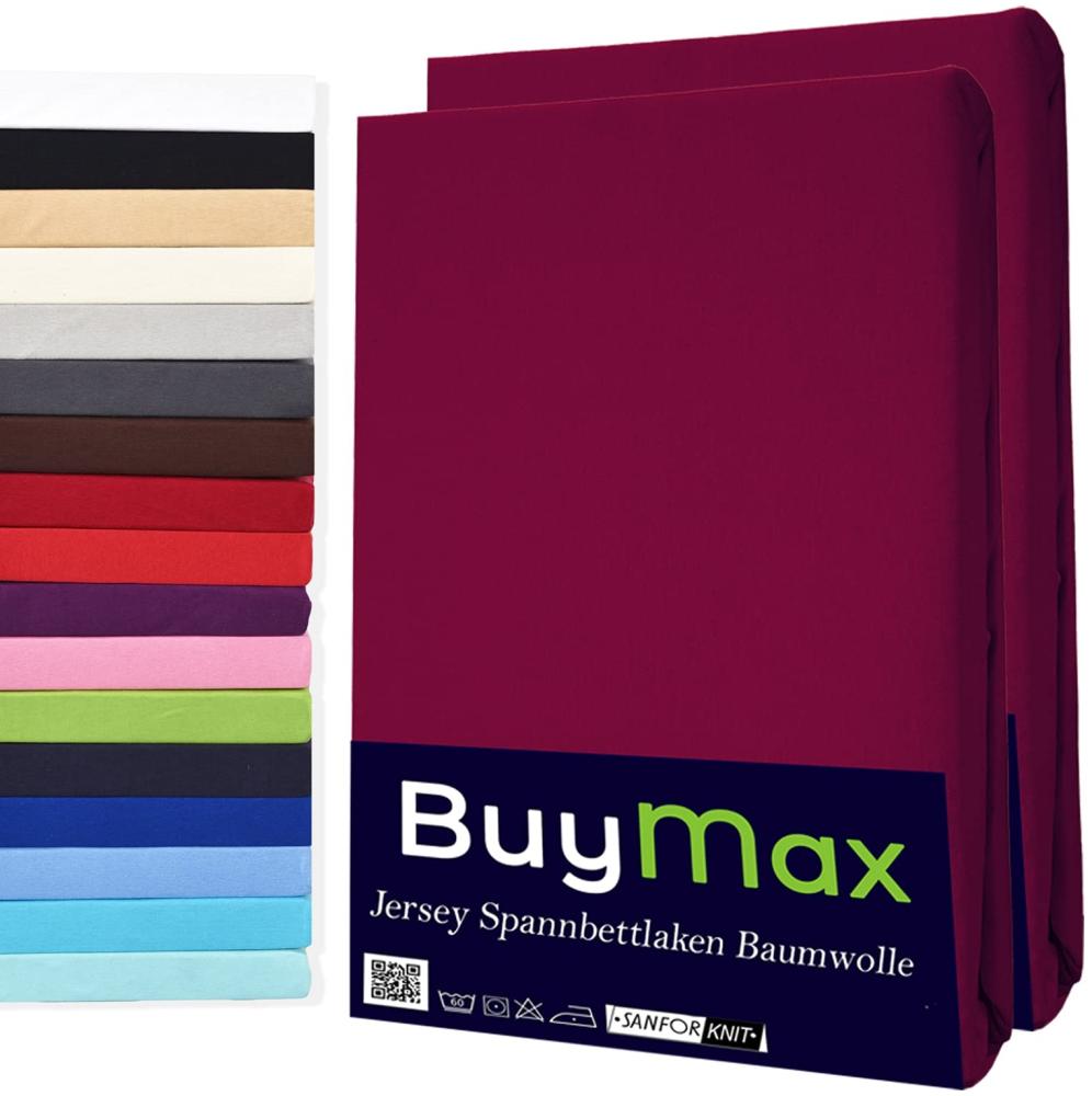 Buymax Spannbettlaken 100x200 cm Doppelpack 100% Baumwolle Spannbetttuch Bettlaken Jersey, Matratzenhöhe bis 25 cm, Farbe Bordeaux Bild 1