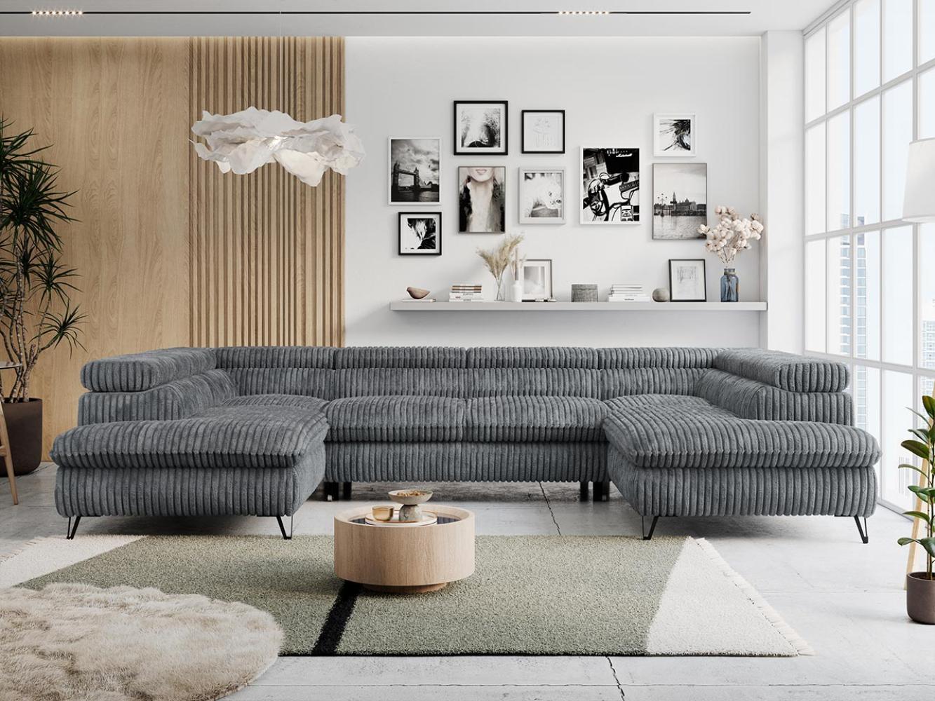 Ecksofa U-Form, mit Bettkasten, Bettfunktion und Einstellbare Kopfstützen, Sofa big XXL - PETER U - Dunkelgrau Cord - Topper T25 Bild 1