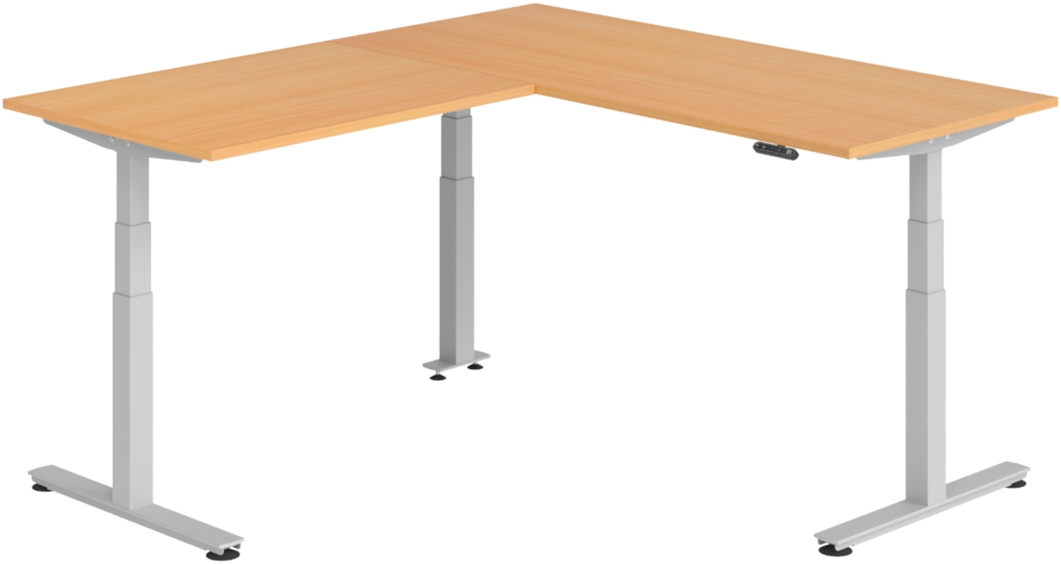 bümö Eckschreibtisch elektrisch höhenverstellbar L-Form: 180 x 200 cm in Buche, Gestell silber - Stehschreibtisch mit Memory-Steuerung, elektrischer XXL Schreibtisch für die Ecke, XDSMW-1912-6-S Bild 1