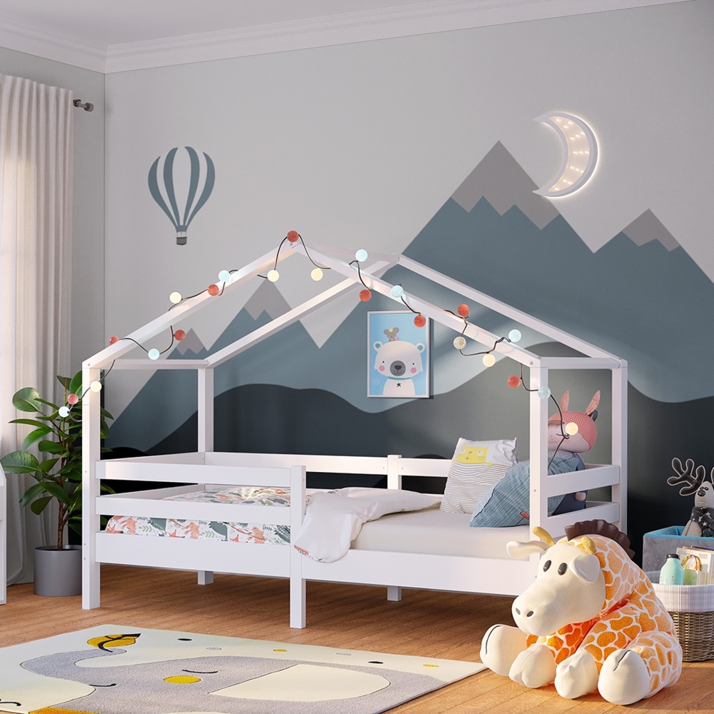 Bellabino 'Abia' Hausbett 90x200 cm, weiß, Kiefer Massivholz, Montessori Kinderbett mit Rausfallschutz und Lattenrost Bild 1