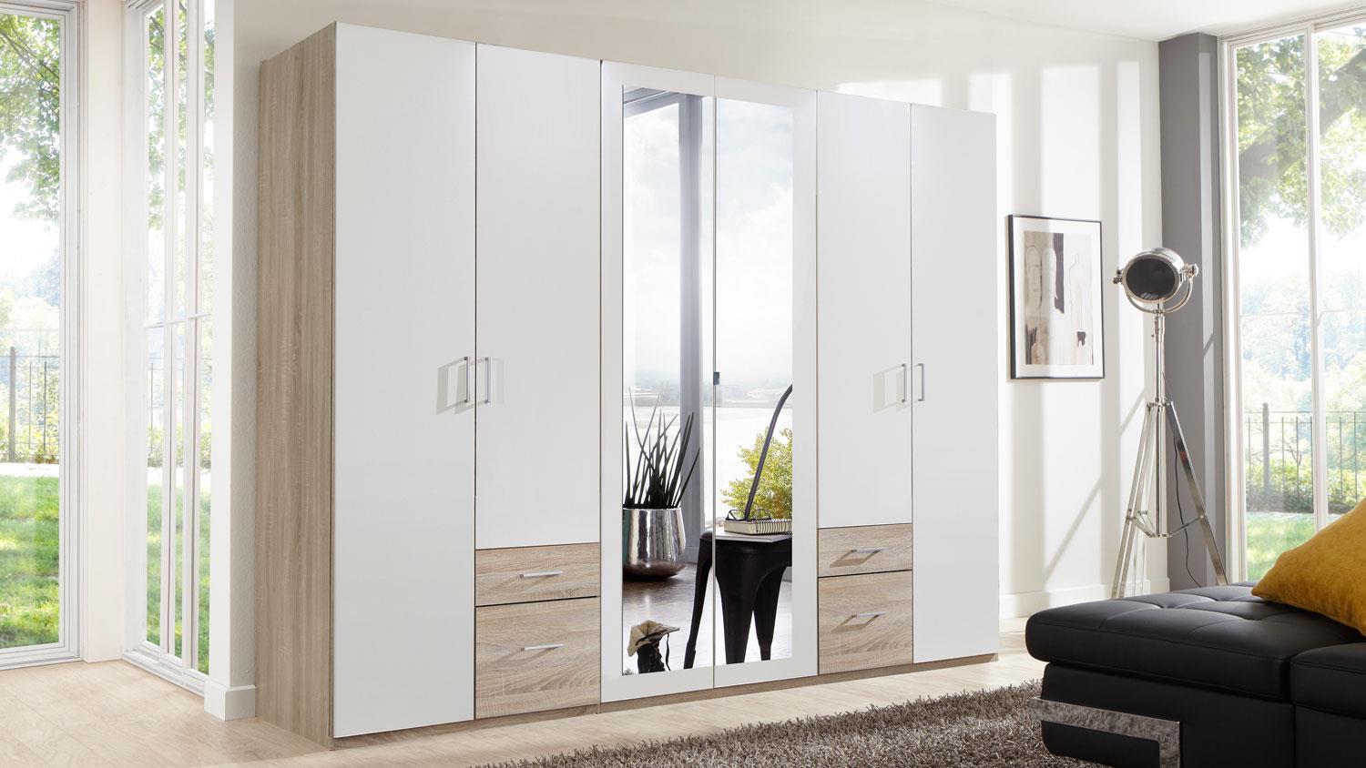 Kleiderschrank FREIBURG Front weiß Korpus Eiche sägerau Spiegel B 270 cm Bild 1