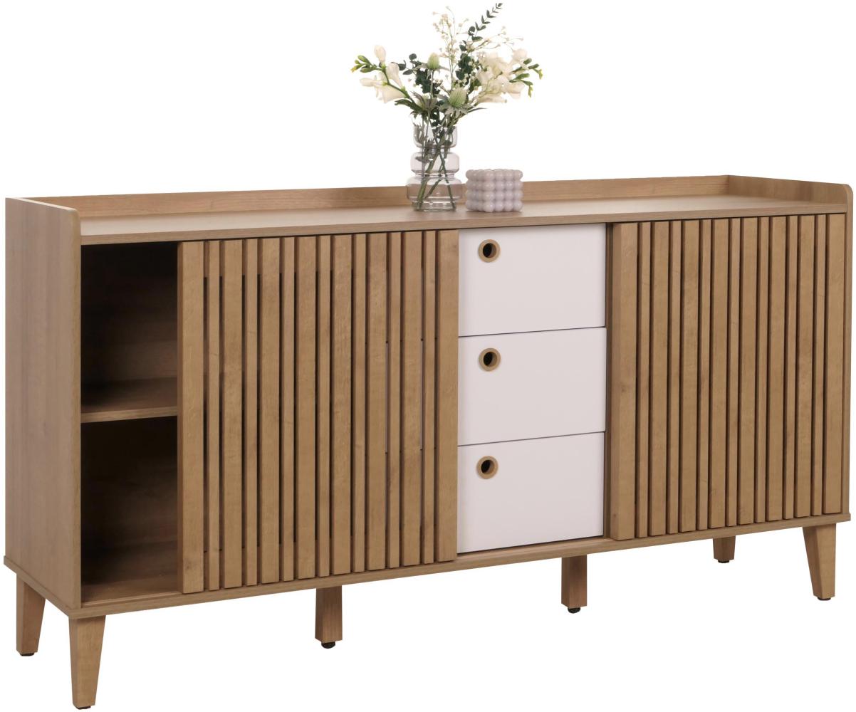 Sideboard HWC-M48, Kommode, Schiebetür Staufach, MDF 81x150x40cm ~ natur, Schubladen weiß Bild 1