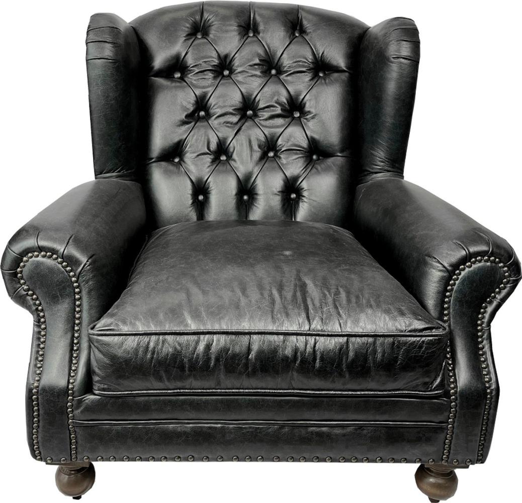 Casa Padrino Luxus Chesterfield Leder Ohrensessel Vintage Schwarz / Dunkelbraun - Chesterfield Echtleder Wohnzimmer Sessel - Wohnzimmer Möbel - Chesterfield Möbel - Echtleder Möbel - Luxus Möbel Bild 1