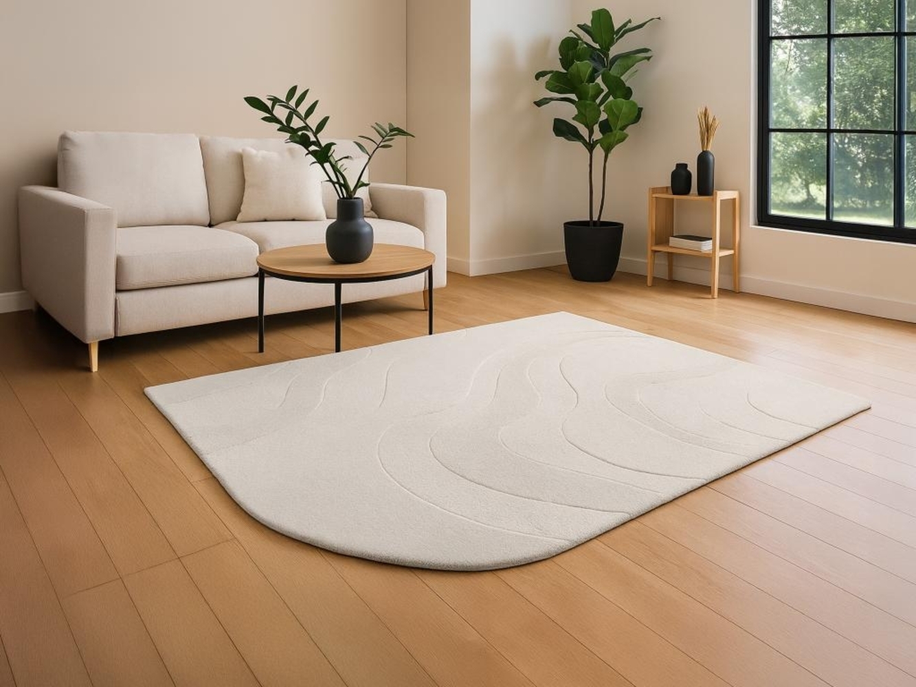Vente-unique - Relief-Teppich mit abgerundetem Rand - 100 % Wolle - handgetuftet - 160 x 230 cm - Elfenbeinfarben - ORABEL Bild 1