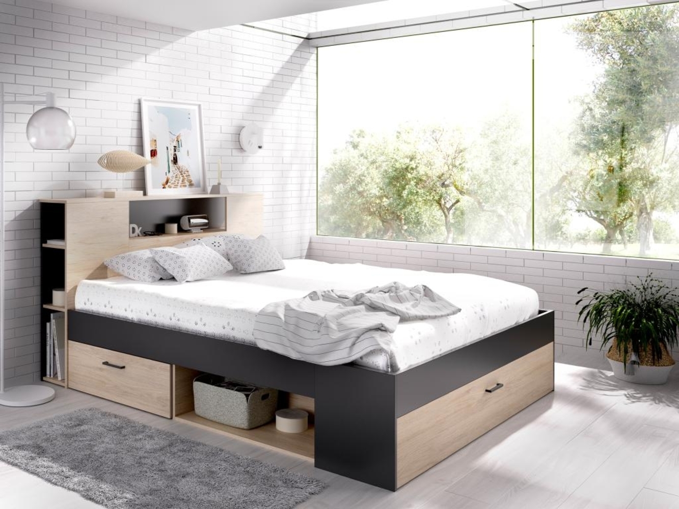 Vente-unique - Bett mit Kopfteil, Stauraum & Schubladen - 180 x 200 cm - Holzfarben & Anthrazit + Lattenrost + Matratze - LEANDRE Bild 1