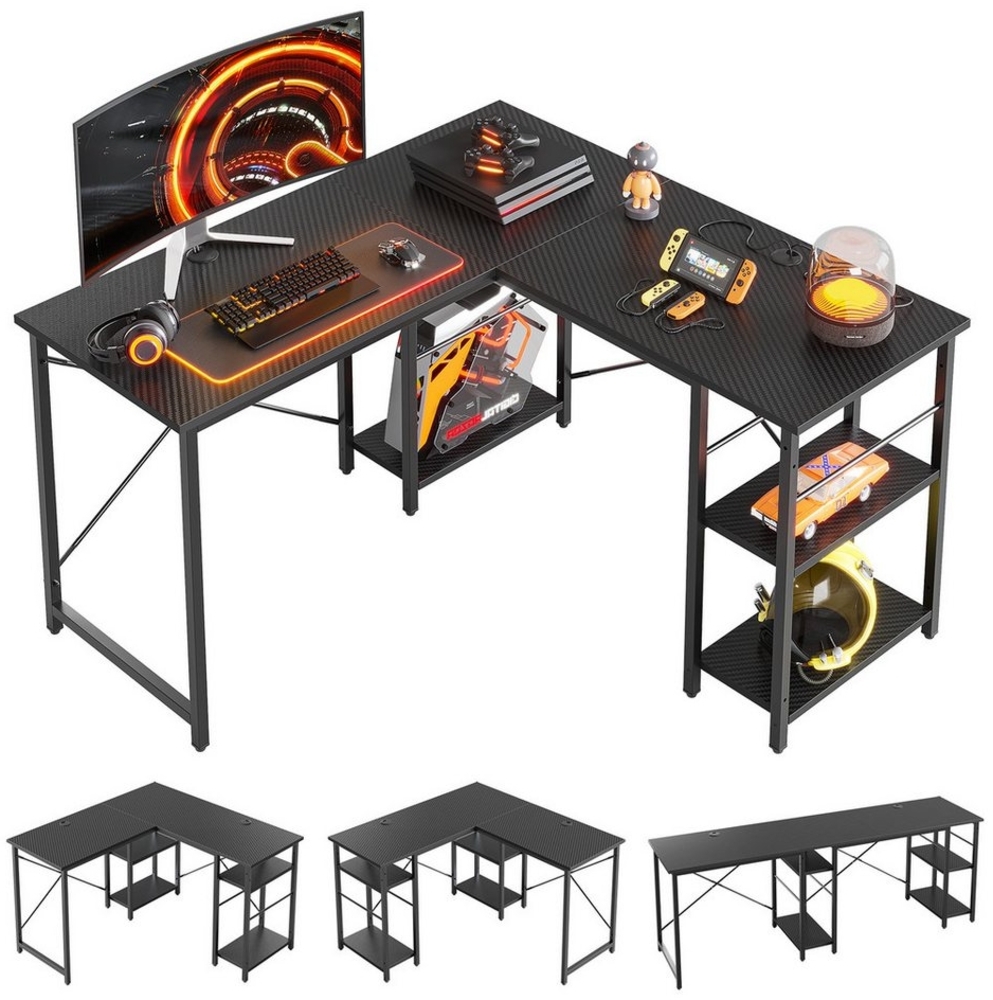 Bestier Gamingtisch 120/240 cm Eckschreibtisch Gaming Tisch, L-förmiger Schreibtisch (Langen Tisch mit Regal USB-Ladeanschluss und Steckdose, Stabil Schreibtisch, Workstation), Computertische für Büro, Heimbüro, Schwarze Kohlefaser Bild 1