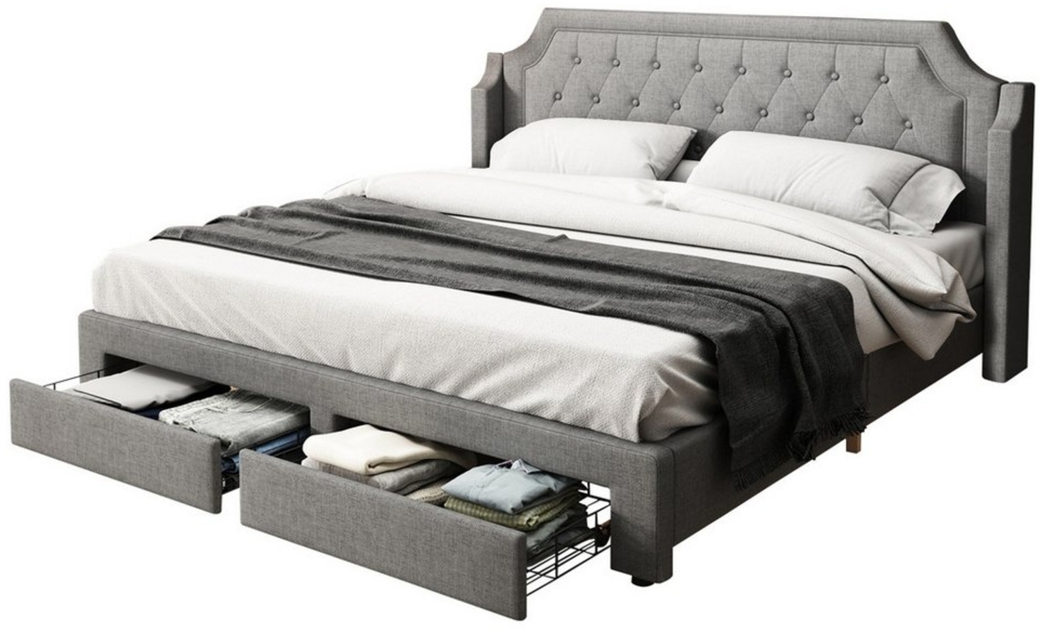 Flieks Polsterbett, LED Beleuchtung Doppelbett 2 Schubladen 180x200cm Leinen Bild 1