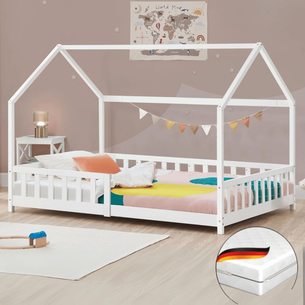 DELUKE® Kinderbett 90x200 OKLA - mit Matratze Lattenrost Rausfallschutz Haus-OptikEinzelbett aus Holz Hausbett Kinderzimmer Montessori Bett Weiß Bild 1