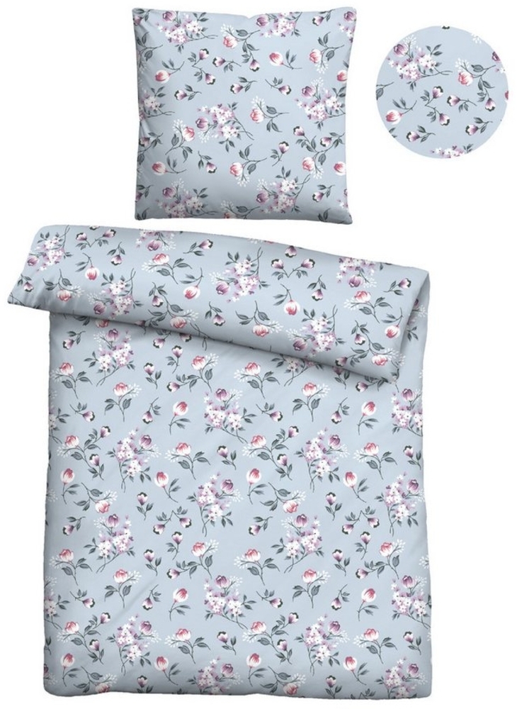 Traumhaft schlafen - Castell - Markenbettwäsche Polycotton Biber 0351106 BLÜMCHEN, taubenblau, 1x 135x200 cm + 1x 80x80 cm Bild 1