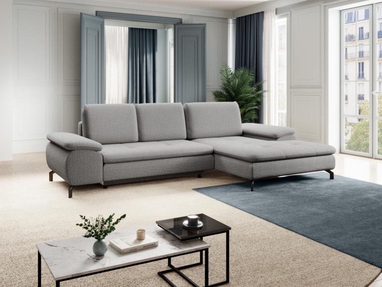 Vente-unique - Ecksofa mit Schlaffunktion - Ecke rechts - Strukturstoff - Grau - ARCHIBALD Bild 1