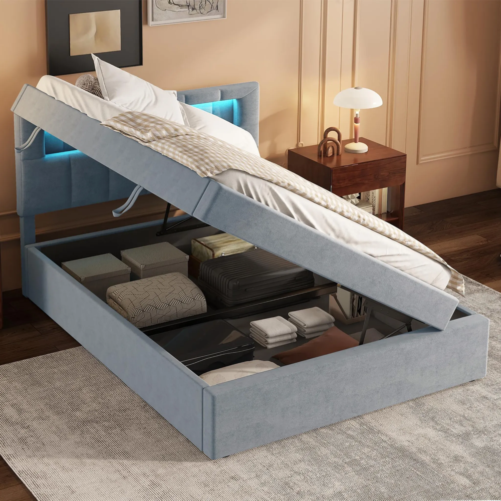 Polsterbett mit LED-Beleuchtung und Stauraum, (90x200 cm), gepolsterter Kopfteil höhenverstellbar, Stauraumbett, Samt Bild 1