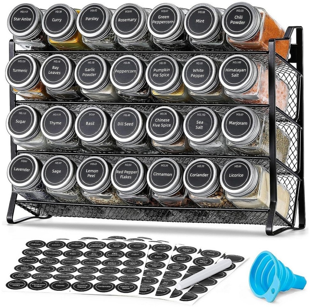 NUODWELL Gewürzregal 4-Etage Gewürzständer, Gewürzregal Wand oder stehend, Gewürz Organizer, mit 28 Gläsern,180 Etiketten,1 Trichter,1 Stift Bild 1