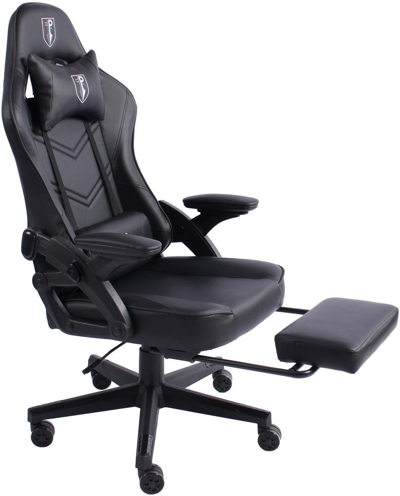 B-WARE Gaming Stuhl im modernen Racing-Design mit ausziehbarer Fußstütze Gaming Chair mit verstellbaren Design Armlehnen ergonomischer Schreibtischstuhl mit extra Stützkissen Schwarz Bild 1