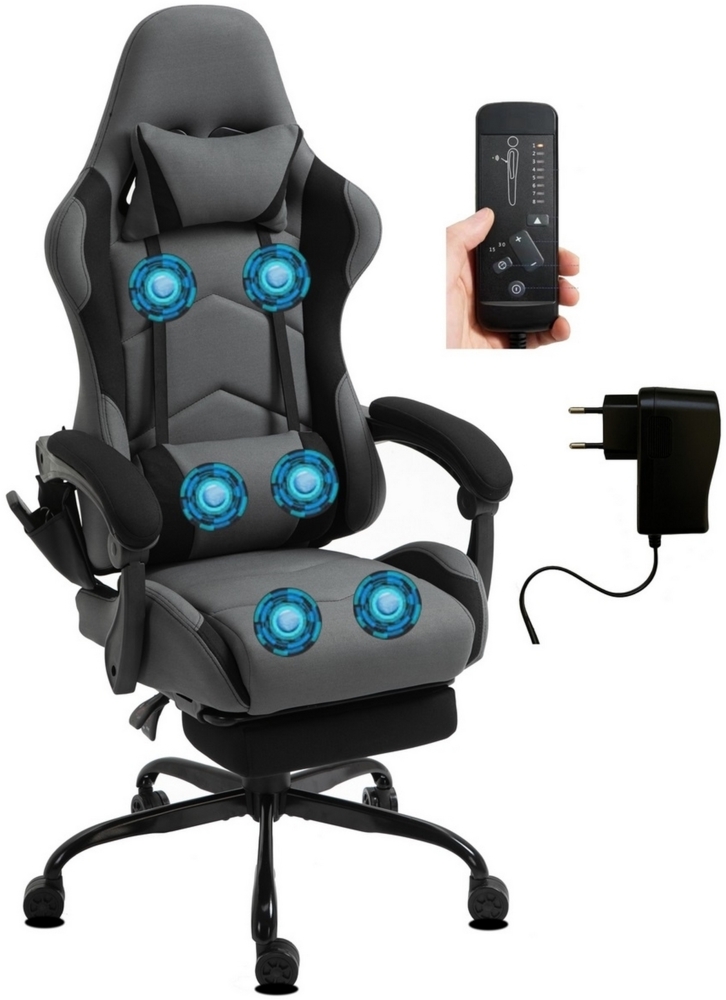 Delman Gaming Stuhl Racing Stuhl Bürostuhl Computerstuhl Massagefunktion mit 6 Vibirationspunkten Chefsessel atmungsaktive Stoff Fußstütze 0036 Grau Bild 1