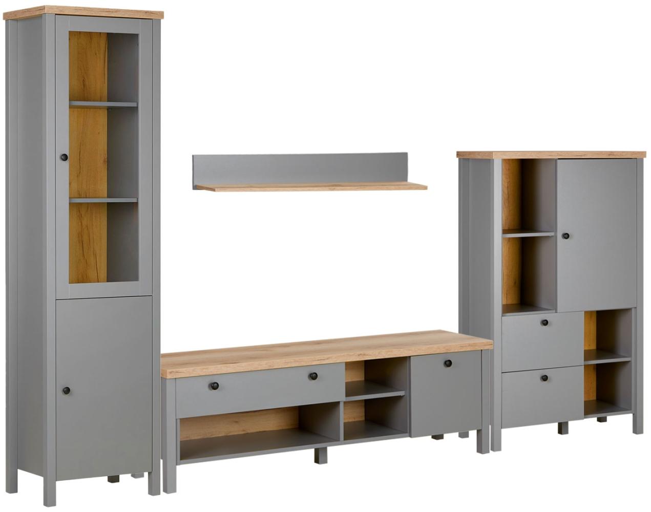 Homestyle4u Wohnwand 4-tlg. inkl. Vitrine, TV-Board, Regal & Highboard, Holz grau Bild 1