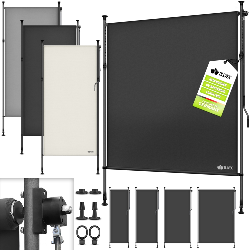 tillvex® Klemmmarkise Senkrechtmarkise 100x310cm Anthrazit mit Handkurbel ohne Bohren | Sichtschutz Ausziehbar & Blickdicht | Vertikalmarkise Balkon Terrasse Garten | Sichtschutzrollo Wetterfest Bild 1