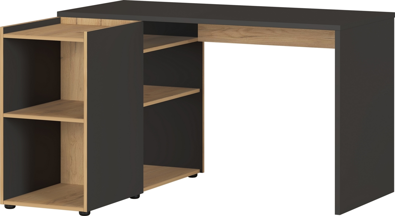 bümö Winkelschreibtisch winkleby mit Seitenwange und integriertem Sideboard in Graphit/Eiche - Schreibtisch mit Regal, Wangenschreibtisch für Ordner & Co. für Büro und Homeoffice, winkleby-gne Bild 1