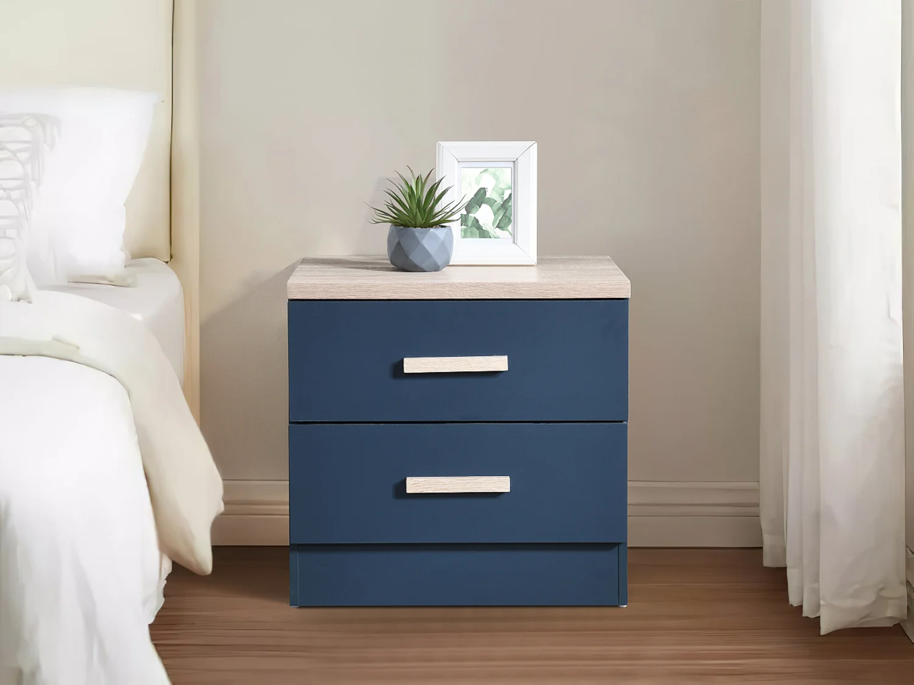 Vente-unique - Nachttisch mit 2 Schubladen - Blau & Holzfarben - SKAIDO Bild 1