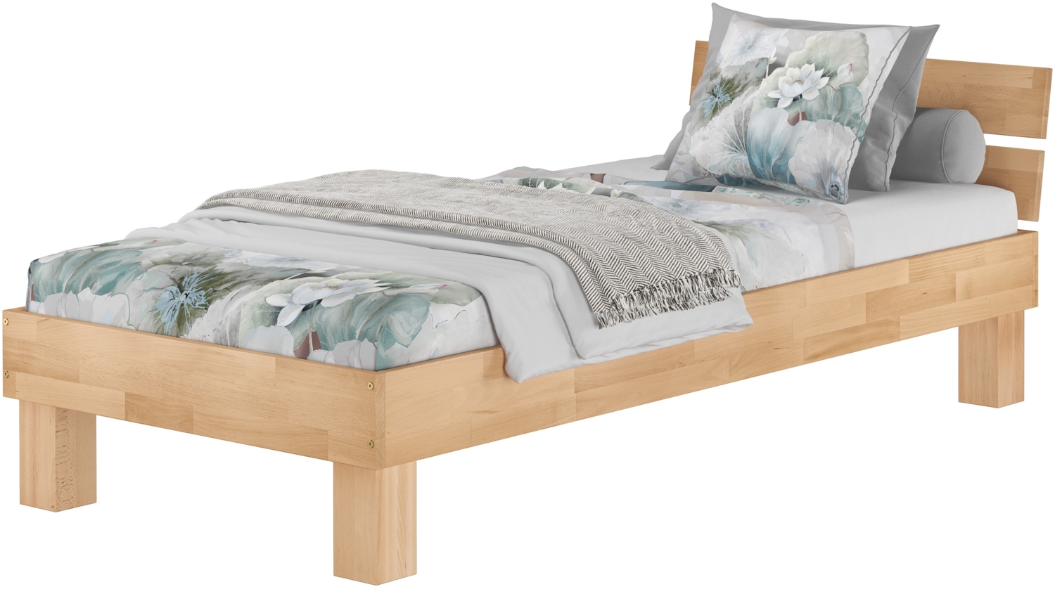 Erst-Holz Einzelbett Überlänge 90x220 Buche Massivholz natur, mit Federholzrahmen und Matratze Bild 1