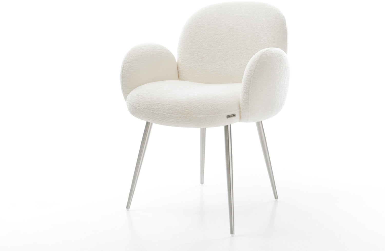 Esszimmerstuhl Nube-Flex mit Armlehnen Bouclé Soft Beige 4-Fuß konisch Edelstahl Taschenfederkern Bild 1