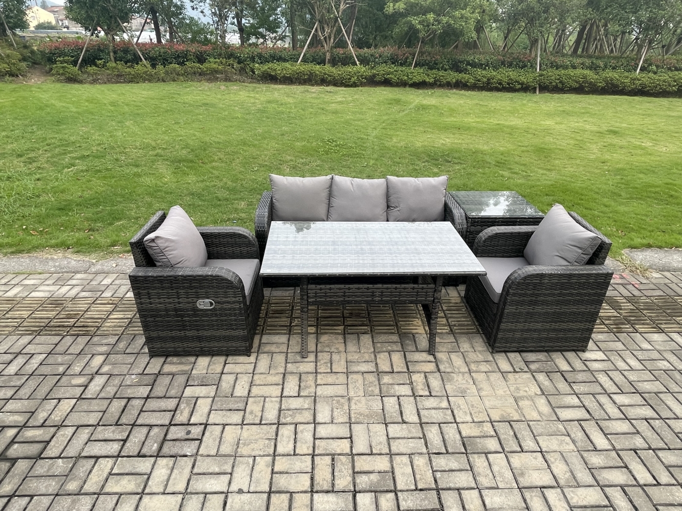 Fimous Polyrattan Gartenmöbel-Set Outdoor Rechteckiger Esstisch und Sessel Sofa Set mit Beistelltisch Dunkelgrau gemischt Bild 1