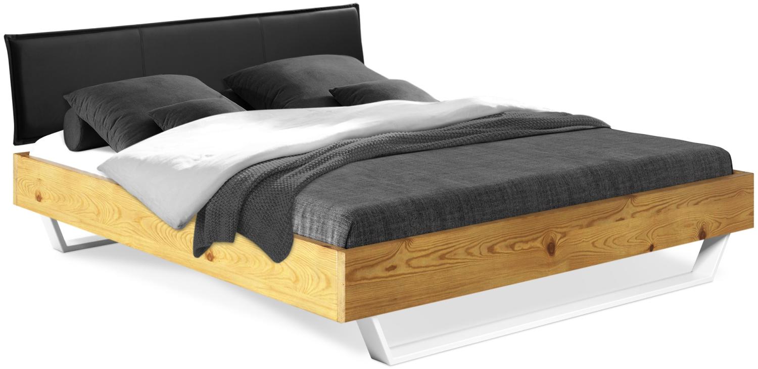 Möbel-Eins CURBY Kufenbett mit Polster-Kopfteil, Material Massivholz, rustikale Altholzoptik, Fichte, Kufen Weiß natur 180x200 cm Kunstleder Schwarz Bild 1