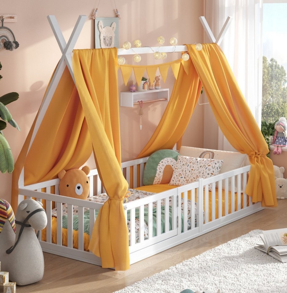 Alavya Home® Kinderbett Hausbett Bodenbett SKY SET aus Buche – FSC® 100% mit Tür & Deko (Hausbett 90x200 cm SET mit Tür, Decoration Gelb, Matratze, Rausfallschutz & Lattenrost Kinderbett 90x200), bodentiefes Jugendbett weiß massiv BUCHE für Junge Mädchen Bild 1