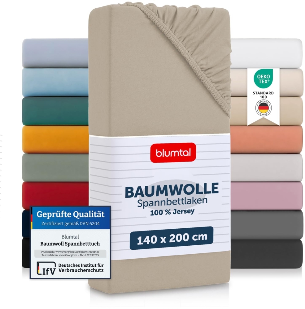 Blumtal® Baumwolle Spannbettlaken 140x200 cm - Basics Jersey - OEKO-TEX zertifiziertes Spannbetttuch - Matratzenbezug - Bettbezug - Leintuch - Taupe Bild 1