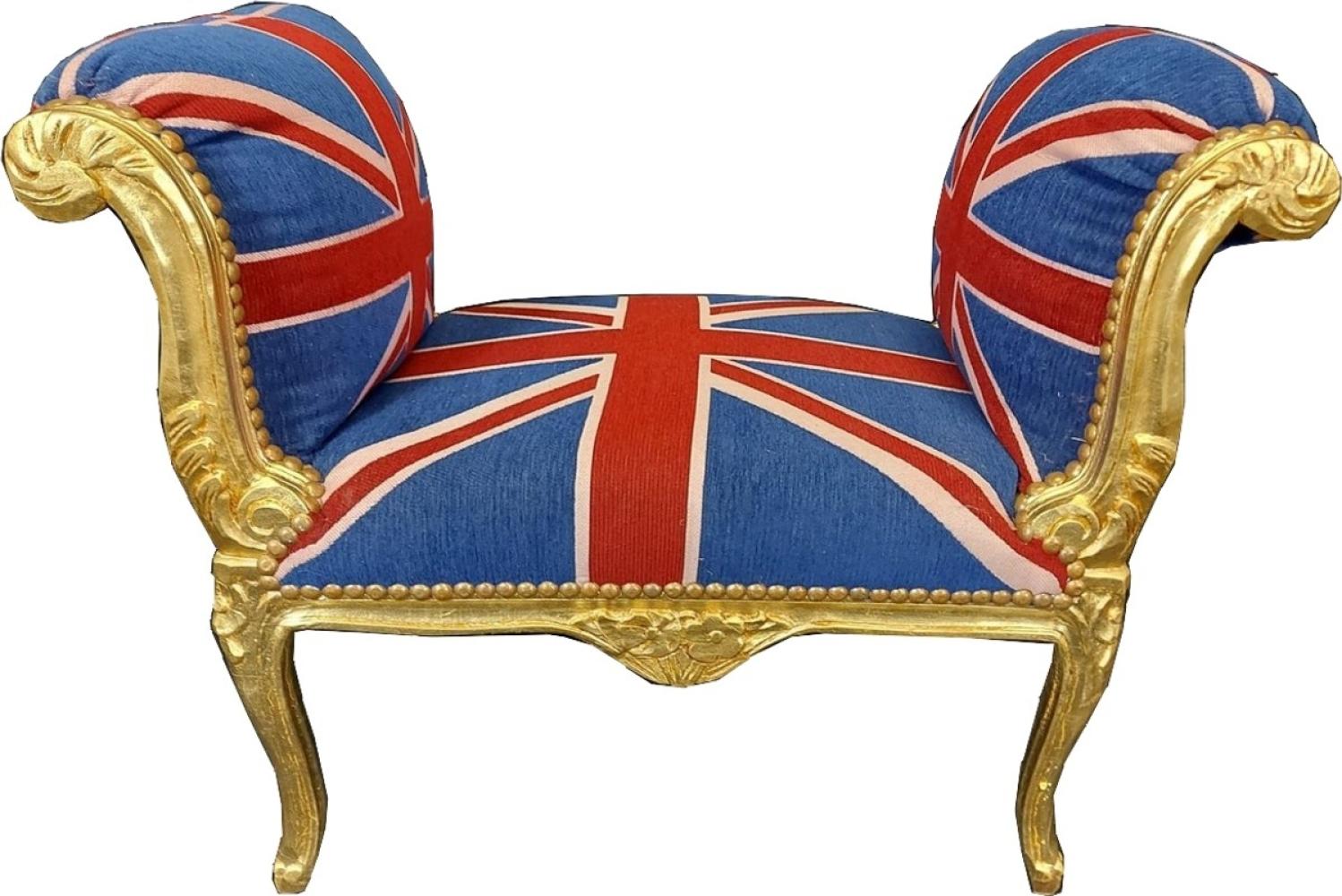 Casa Padrino Barock Schemel Union Jack / Gold - Handgefertigter Antik Stil Hocker - Barockstil Hocker mit UK England Flagge - Wohnzimmer Möbel im Barockstil - Barockstil Möbel - Barock Möbel Bild 1