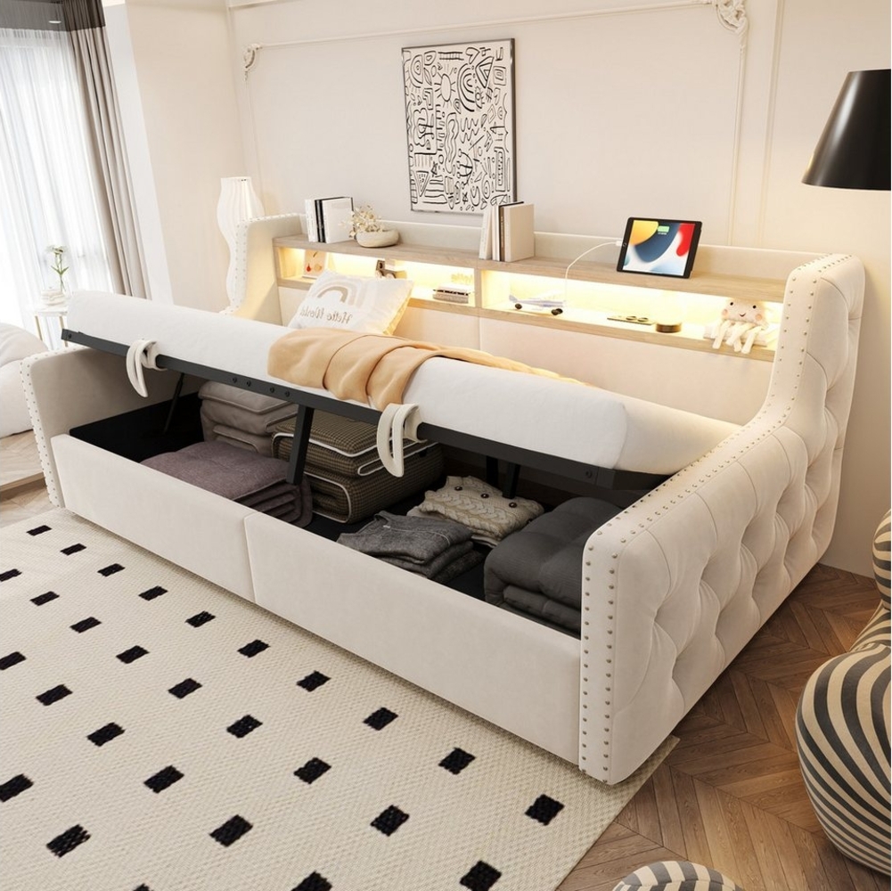 Flieks Daybett, Hydraulisches Polsterbett 90x200cm mit LED-Beleuchtung, Ladeanschluss Bild 1