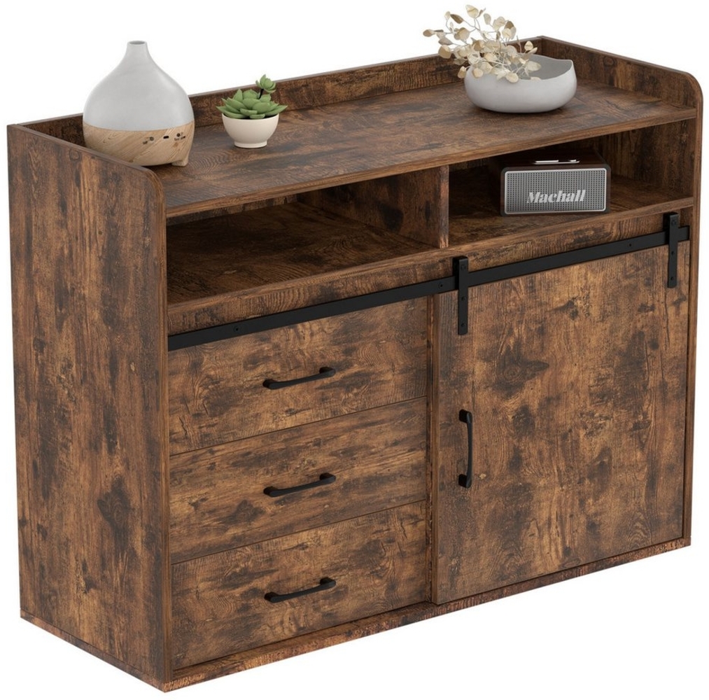HOMAVO Sideboard HG1-S mit Schiebetür, 3 Schubladen & offenen Fächern, FSC-mix zertifiziert, Retro-Style Bild 1