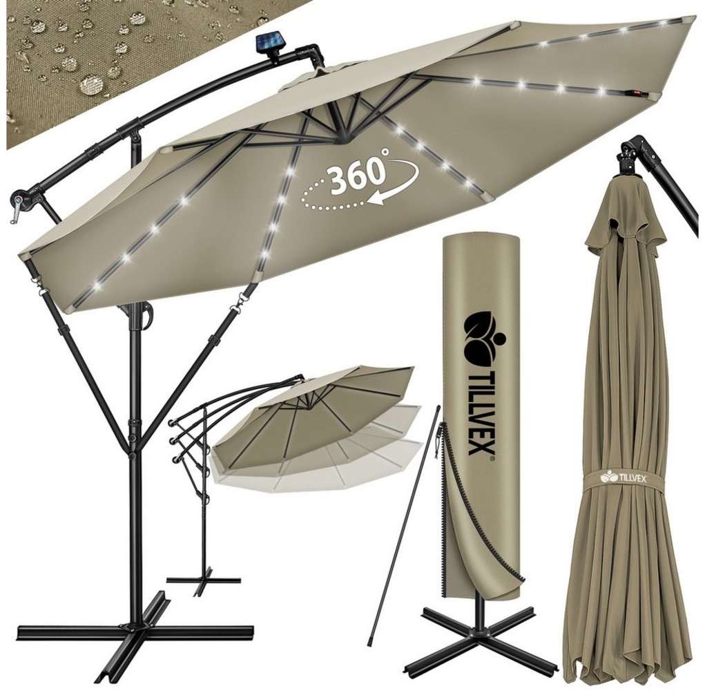 tillvex Alu Ampelschirm Braun LED Solar Ø 300 cm mit Kurbel | Sonnenschirm mit An-/Ausschalter | Gartenschirm UV-Schutz Aluminium | Kurbelschirm mit Ständer Marktschirm wasserdicht Bild 1